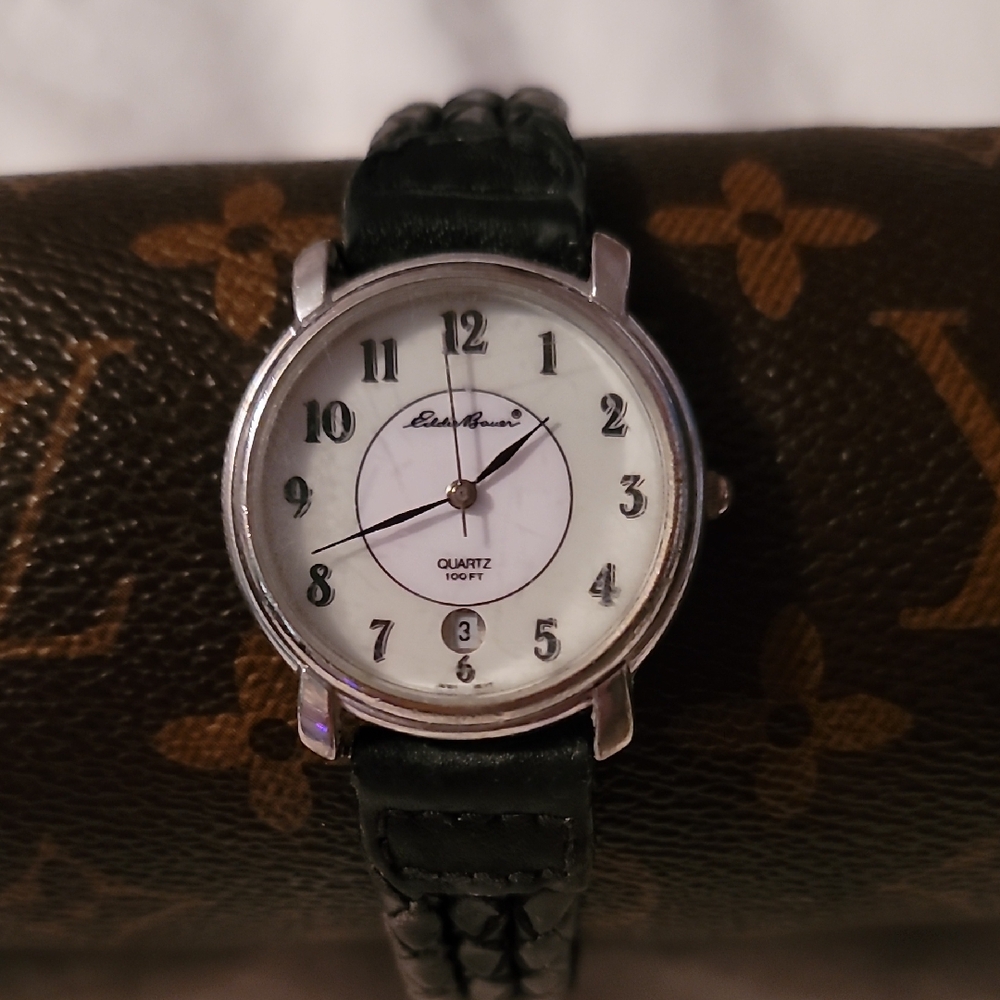 Vtg Eddie Bauer Watch Men's 34mm‎ Silver Tone Date Braided Leather New Battery